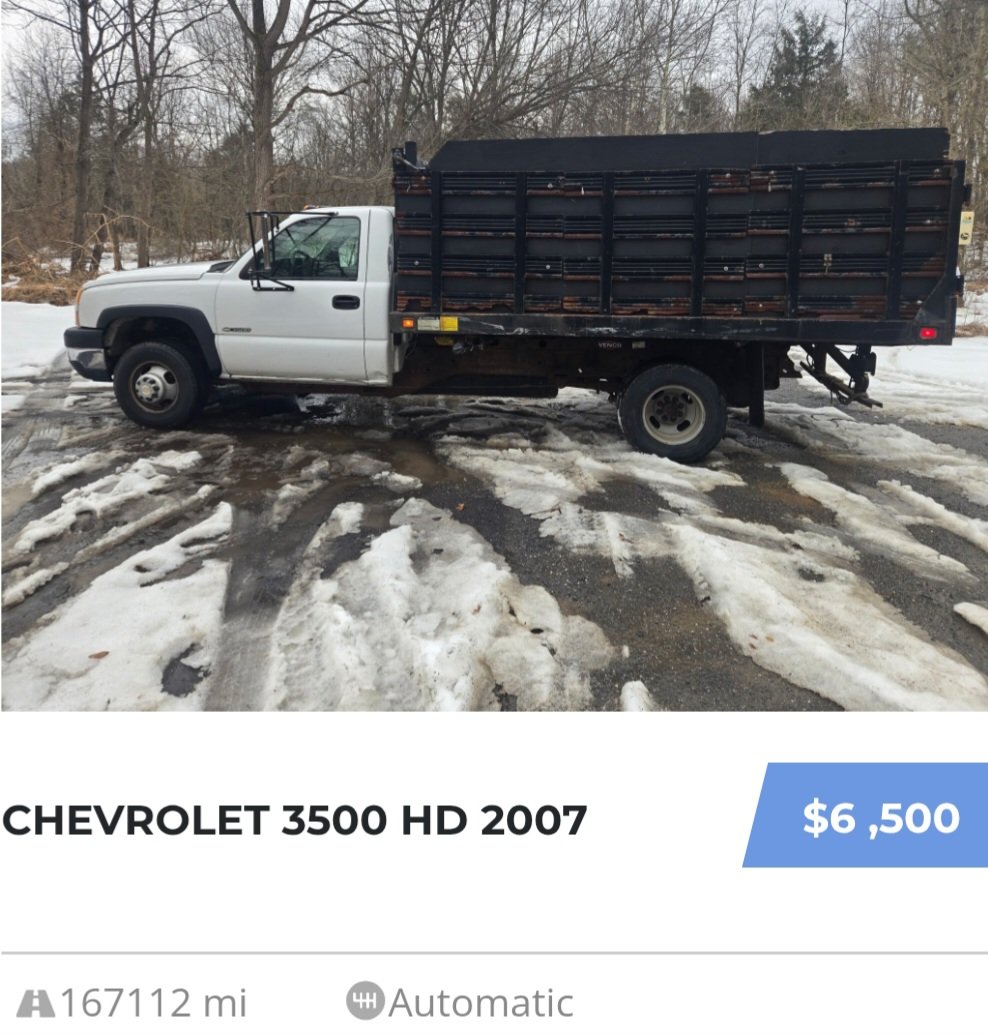 2007 Chevrolet 3500 Stake body Dump Truck. 6.0 vortec gasoline engine, 2WD, automatic transmission, air conditioning, 12 ft. Stake Body Dump with barn doors and roll up tarp, mileage is 167,112 $6,500.00 Contact George 410-292-4646 Call/Text