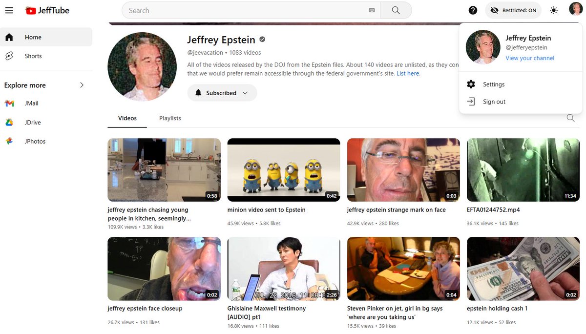 setupspawn's tweet photo. Someone saved all of the Epstein videos from the releases and set up a YouTube clone site that you can scroll as if you were logged in as him on YouTube. 
👉 https://t.co/Q8ZoR5fGr7 https://t.co/yct7MJolRq