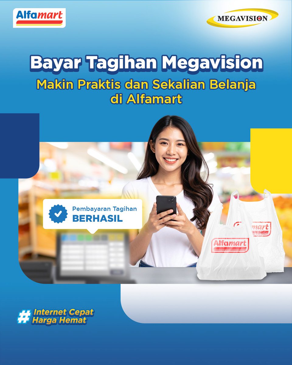 alfamart's tweet photo. Sekarang bayar tagihan Megavision makin praktis di Alfamart ✨

Cukup datang ke #AlfamartTerdekat, lakukan pembayaran, dan sekalian lengkapi kebutuhan belanja kamu.

Yuk, bayar tagihan Megavision di Alfamart sekarang juga!

#BayarTagihan #Alfamart #Megavision https://t.co/HE1gDi4q9X