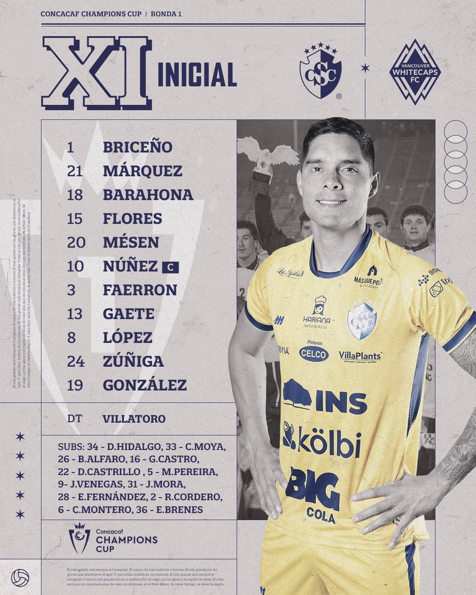 Cartagines's tweet photo. ¡El ONCE del Cartaginés para enfrentar al Vancouver Whitecaps por la Champions Cup! 🔥
¡Vive, Vive! 💙 https://t.co/J3PN7fm8N3