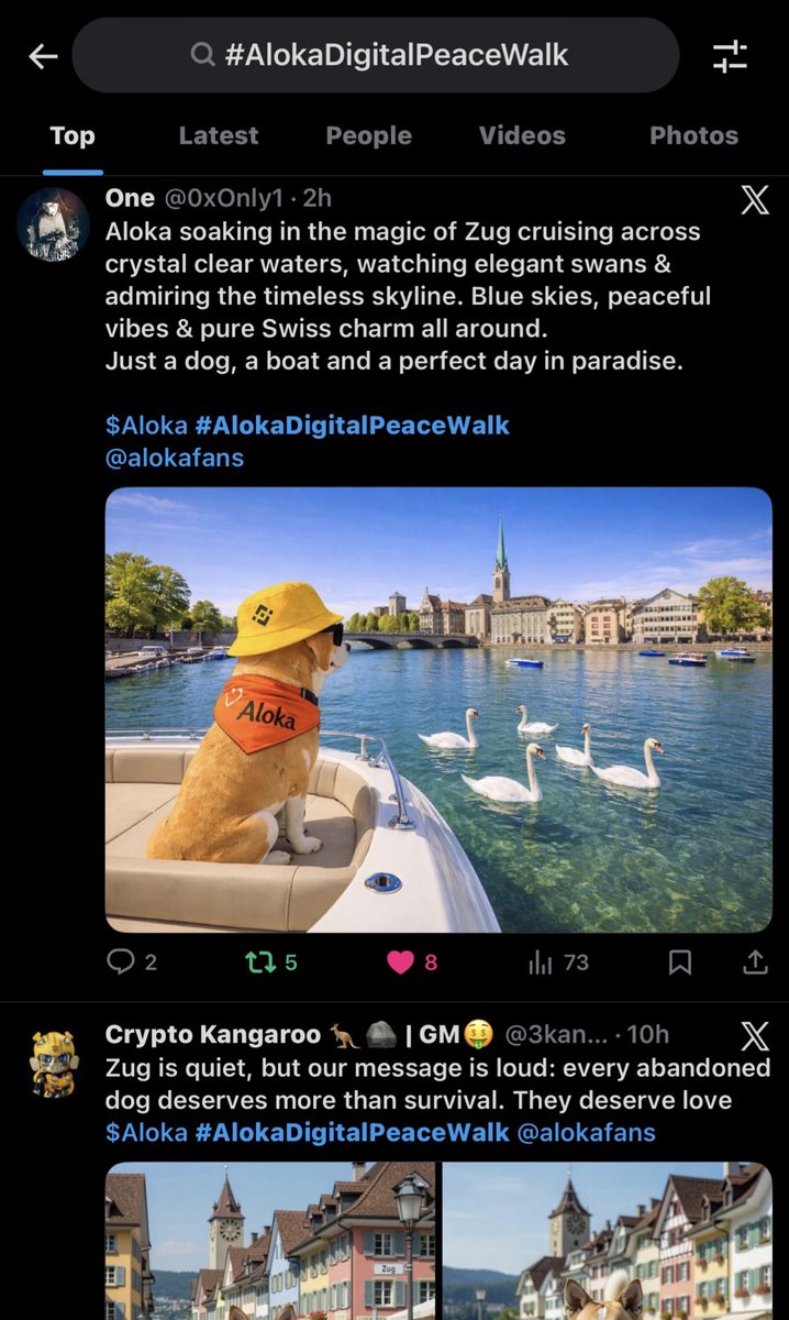 If you search  #AlokaThePeaceDog on X you can see $Aloka ‘s walk for peace did not end in DC

Aloka is visiting 14 different cities over the next 2 weeks and currently we are in Zug. Each city we were donating $100 to a local rescue using crypto if possible. You can also win up