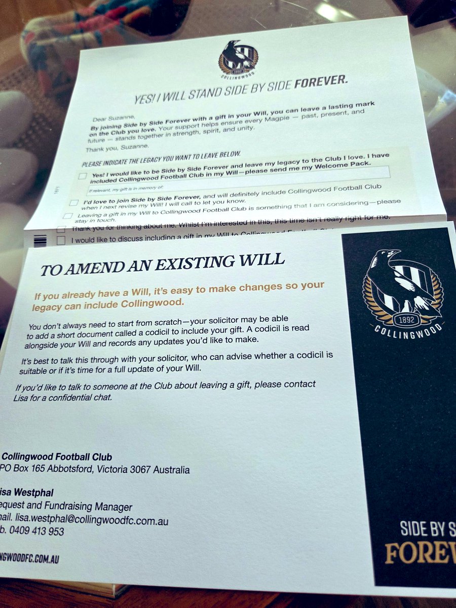 Anyone else's elderly relative get hit up for their estate yet? 💀 #Collingwood #AFL #Magpies #SideBySideForever #PiesLegacy #WillYouBequeathUsYourMoneyPls