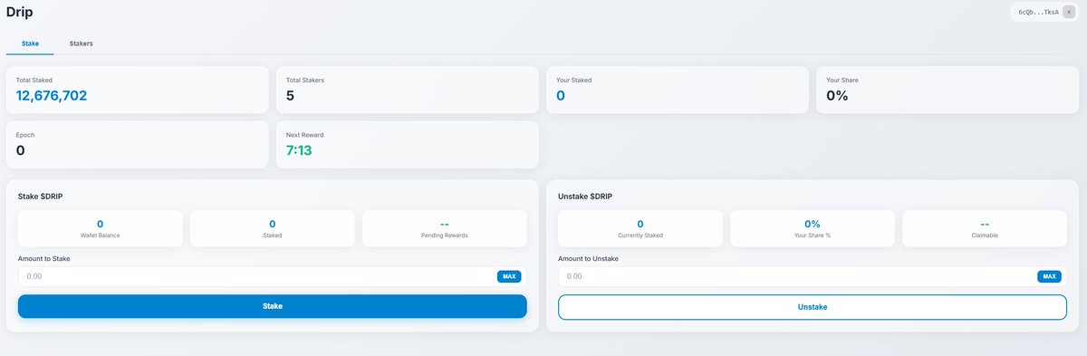 dripperfun's tweet image. If you are not staked, you will not earn.

Staking temporarily locks up your tokens in a smart contract.

These tokens can be withdrawn at any time.