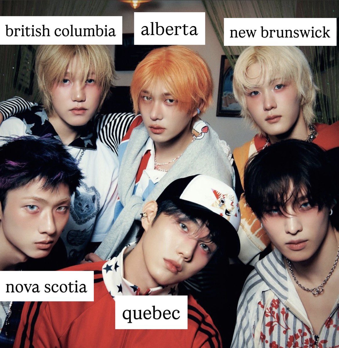 upsidedownKlSS's tweet photo. piwon if they were from canadian provinces. no explanation purely vibes https://t.co/0Xzu4hbJdG