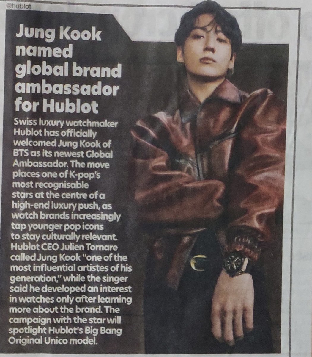 THE TIMES OF INDIA สื่อรายใหญ่ของประเทศอินเดีย 🇮🇳 รายงานข่าวการเปิดตัวจองกุกในฐานะ Global Brand Ambassador ของ .<a href="/Hublot/">Hublot</a> ผ่านฉบับหนังสือพิมพ์อย่างเป็นทางการ 

HUBLOT GLOBAL AMBASSADOR JUNGKOOK
JUNGKOOK FOR HUBLOT
#JUNGKOOKxHUBLOT
#JUNGKOOKForHUBLOT
#JUNGKOOK #정국