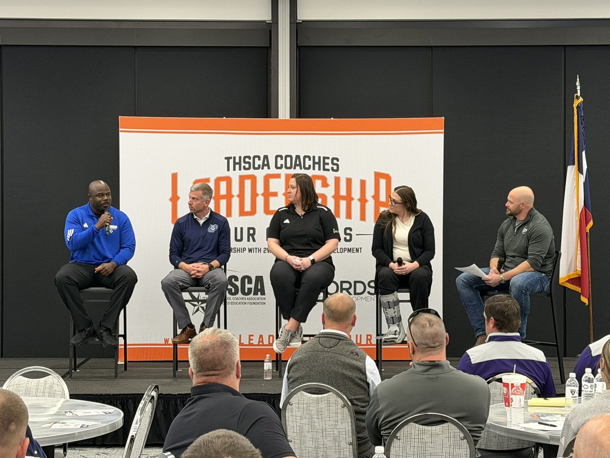 AthleticsLISD's tweet photo. Big shoutout to @AthleticsLISD Asst. AD Jolee Luce and @EstacadoHS Head Football Coach for representing on the panel discussion at the @THSCAcoaches Leadership Tour in Canyon, Texas! 🤘 Sharing knowledge, leading the way, and making @LubbockISD proud! https://t.co/1TWRy702ri