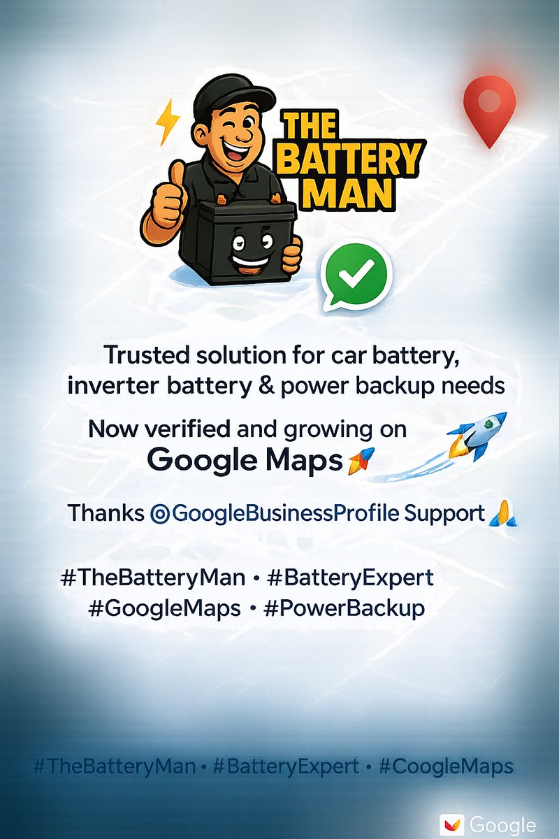 thebatteryman7's tweet image. Welcome to The Battery Man ⚡
Car Battery | Inverter Battery | Power Backup Solutions 🔋
Proudly verified on Google Maps ✅
#TheBatteryMan #BatteryShop #CarBattery  #GoogleMaps