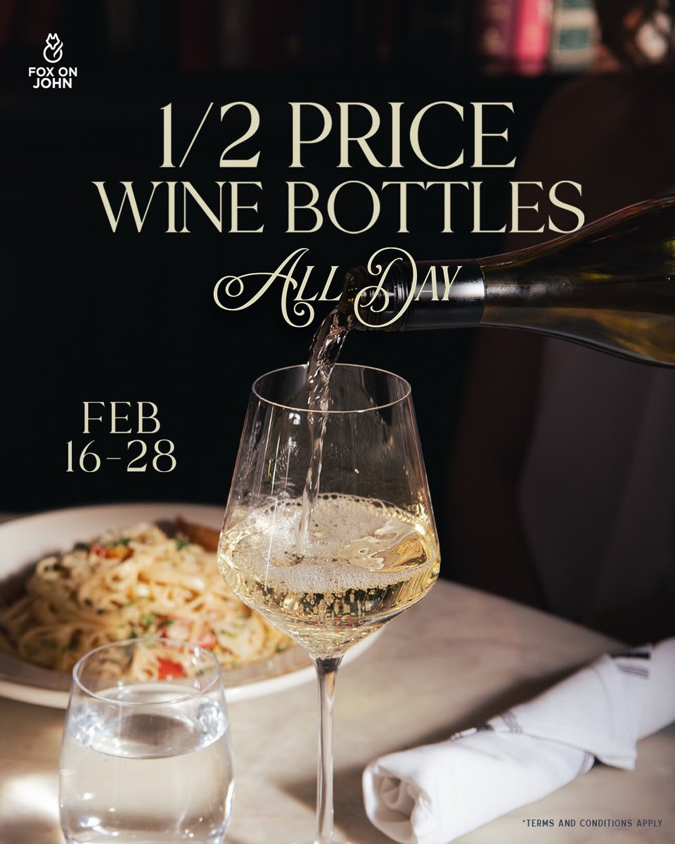 HALF-PRICE BOTTLES OF WINE ALL FEBRUARY 

Enjoy 50% off bottles of wine for the remainder of February.

Dine-in only.

Book now at FoxOnJohn.ca
106 John St, Toronto

#TorontoRestaurants #HalfPriceWine #TorontoDateNight #EntertainmentDistrict #FoxOnJohn
