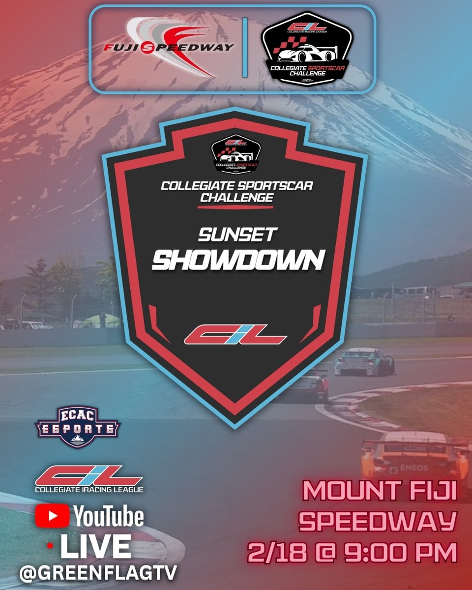 CollegeiRacing's tweet photo. 🚨RACE DAY ANNOUNCEMENT🚨

CiL Collegiate Sportscar Challenge Round 2 is here!

CSC Racers, when the green flag flies, we will be doing so in the Sunset Showdown at Fuji Speedway!!

We can't wait to have our drivers rip it on the curvy circuit of Fuji Speedway in the Sunset Showdown!

Tune in live tonight on @GreenFlagTVLive YouTube channel at 9:00 PM EST!!

In Partnership with @ECAC_Esports!

#iracing #collegeiracing #cilcsc #cilcscseason #collegeracing #cilseason #cilseries #cilcollegiatesportscarchallenge #sportscarcollege #sportscarcollegeesports #gt3cil #cilGT3esports #cilGTP #cilGT3 #cilMulticlassiracing #CiLCSCRound2