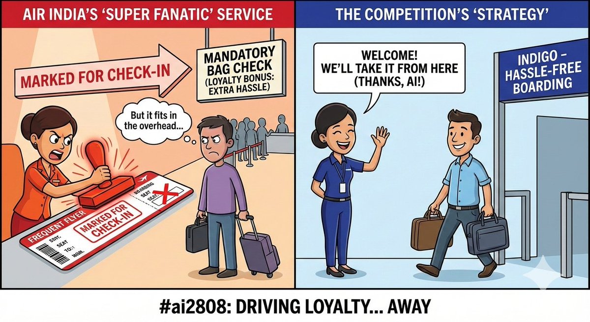suveerhegde's tweet photo. Truly "super fanatic" customer service @airindia. 👏 Marking my boarding pass just to force checkin my handbag? Genius way to treat a loyal frequent flyer
​@IndiGo6E Ur competition is doing all it can to drive customers to u.
​3 more flights &amp; ai never again. #ai2808 https://t.co/GV2j2KR2DI