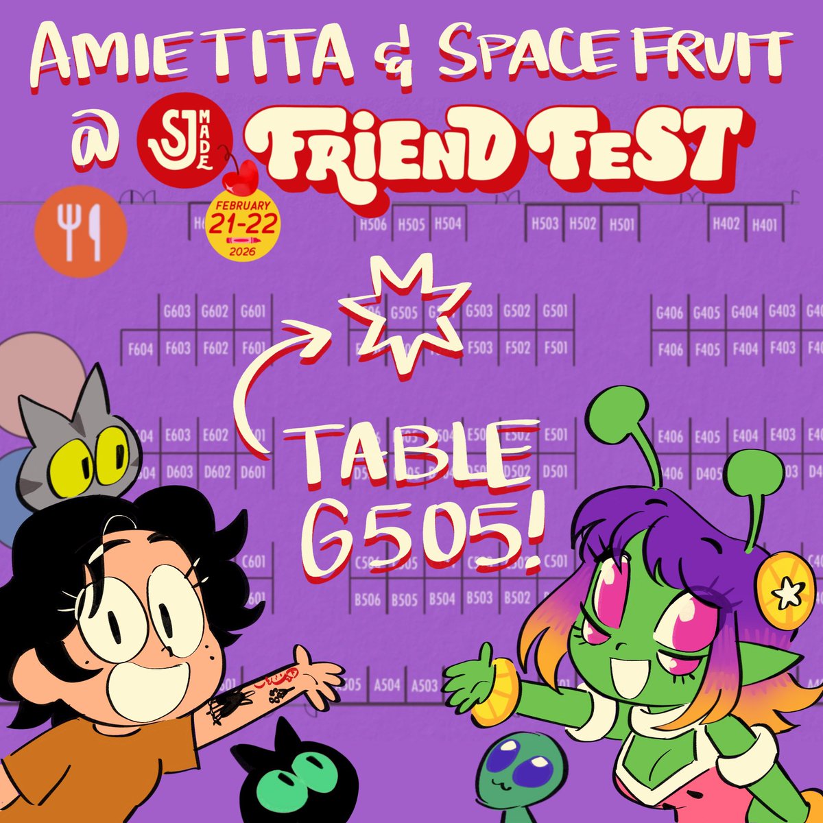 mietita's tweet photo. i’ll be at sjmade friend fest this weekend with my buddy @spacefruitshop 🌟🍓we’ll be at table G505!! come check out my new snack cats and sapo concho large stickers! https://t.co/frmHAkOURH