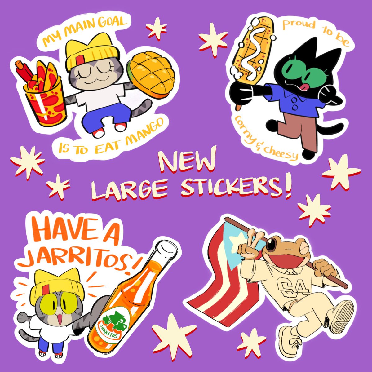mietita's tweet photo. i’ll be at sjmade friend fest this weekend with my buddy @spacefruitshop 🌟🍓we’ll be at table G505!! come check out my new snack cats and sapo concho large stickers! https://t.co/frmHAkOURH