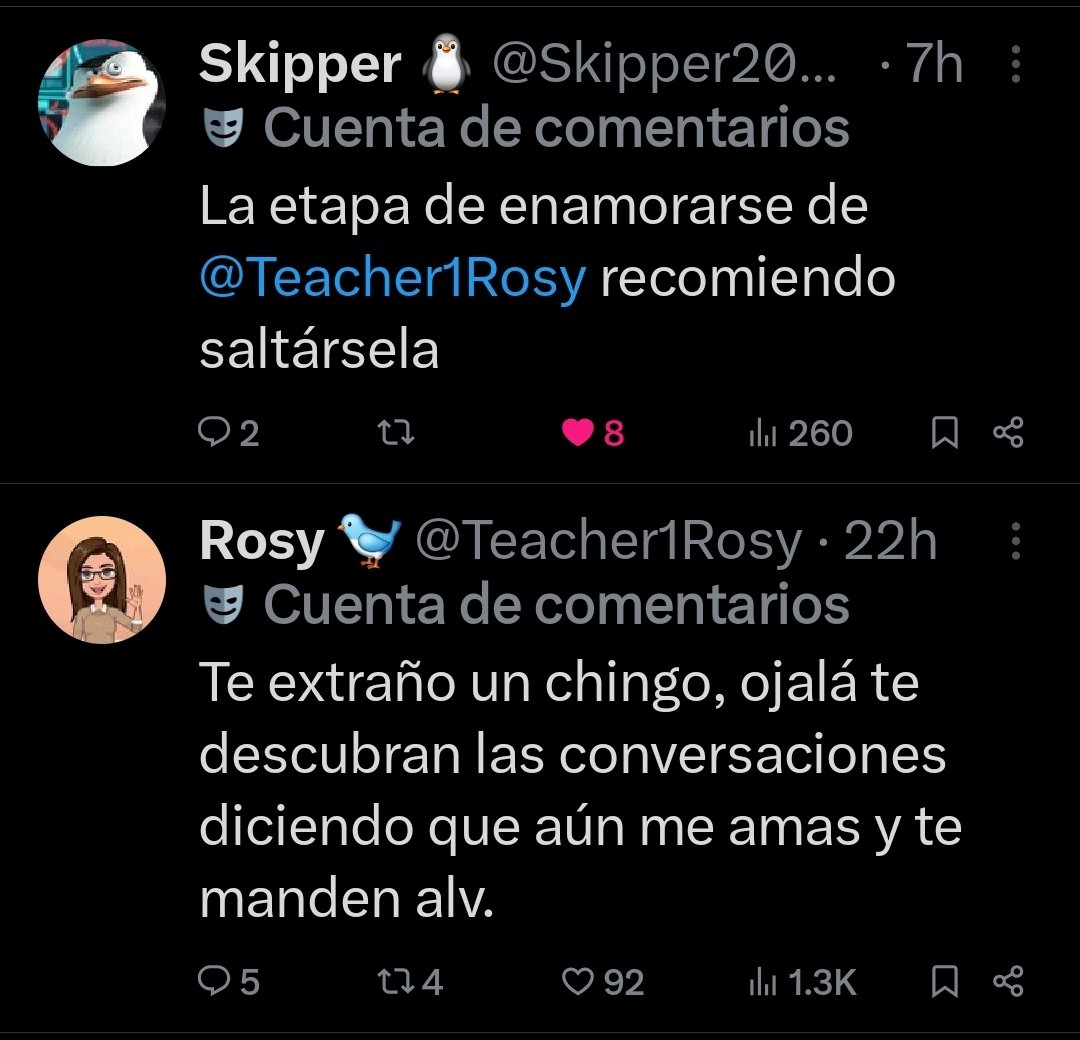 Los sospechosistas tiempos de tuiti:
<a href="/Teacher1Rosy/">Rosy 🐦</a>
<a href="/Skipper2099/">Skipper 🐧</a>