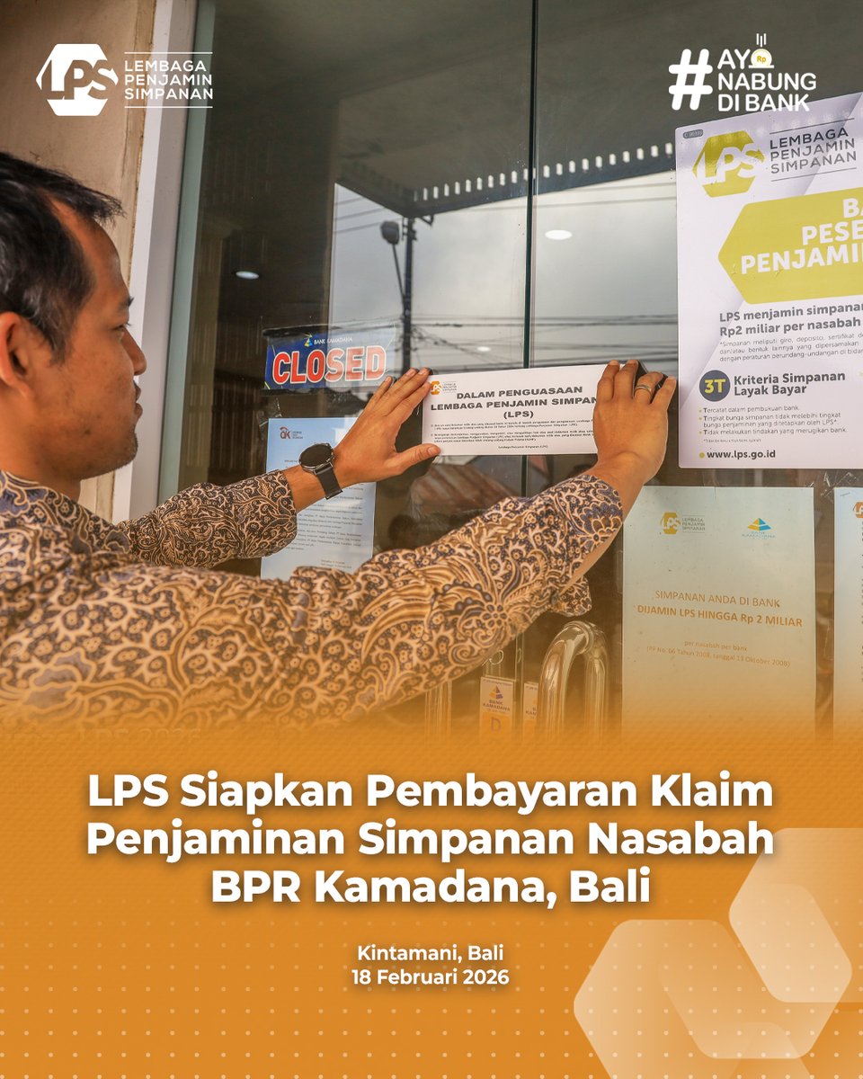 lps_idic's tweet photo. Sahabat LPS, LPS saat ini sedang menyiapkan proses pembayaran klaim penjaminan simpanan BPR Kamadana, Kintamani, Provinsi Bali setelah izin BPR tersebut dicabut oleh Otoritas Jasa Keuangan (OJK) terhitung sejak 18 Februari 2026.

LPS akan melakukan rekonsiliasi dan verifikasi data simpanan serta informasi lainnya untuk menetapkan simpanan yang akan dibayar. Proses rekonsiliasi dan verifikasi ini akan diselesaikan dalam waktu paling lama 90 hari kerja sejak tanggal pencabutan izin usaha bank. Pembayaran klaim penjaminan simpanan nasabah akan diumumkan secara bertahap.

LPS mengimbau agar nasabah Perumda BPR Kamadana tetap tenang dan tidak terpengaruh oleh pihak-pihak yang dapat menghambat proses pembayaran klaim penjaminan dan likuidasi bank. Nasabah juga diingatkan untuk tidak mempercayai pihak yang menjanjikan bantuan pengurusan klaim dengan imbalan atau biaya tertentu.

Untuk informasi lebih lanjut, nasabah dapat menghubungi Pusat Layanan Informasi (Puslinfo) LPS di nomor 154 atau WhatsApp di nomor 08111-154-154.

#LPSIndonesia #AyoNabungdiBank #AmanAdaLPS #SahabatNasabahIndonesia