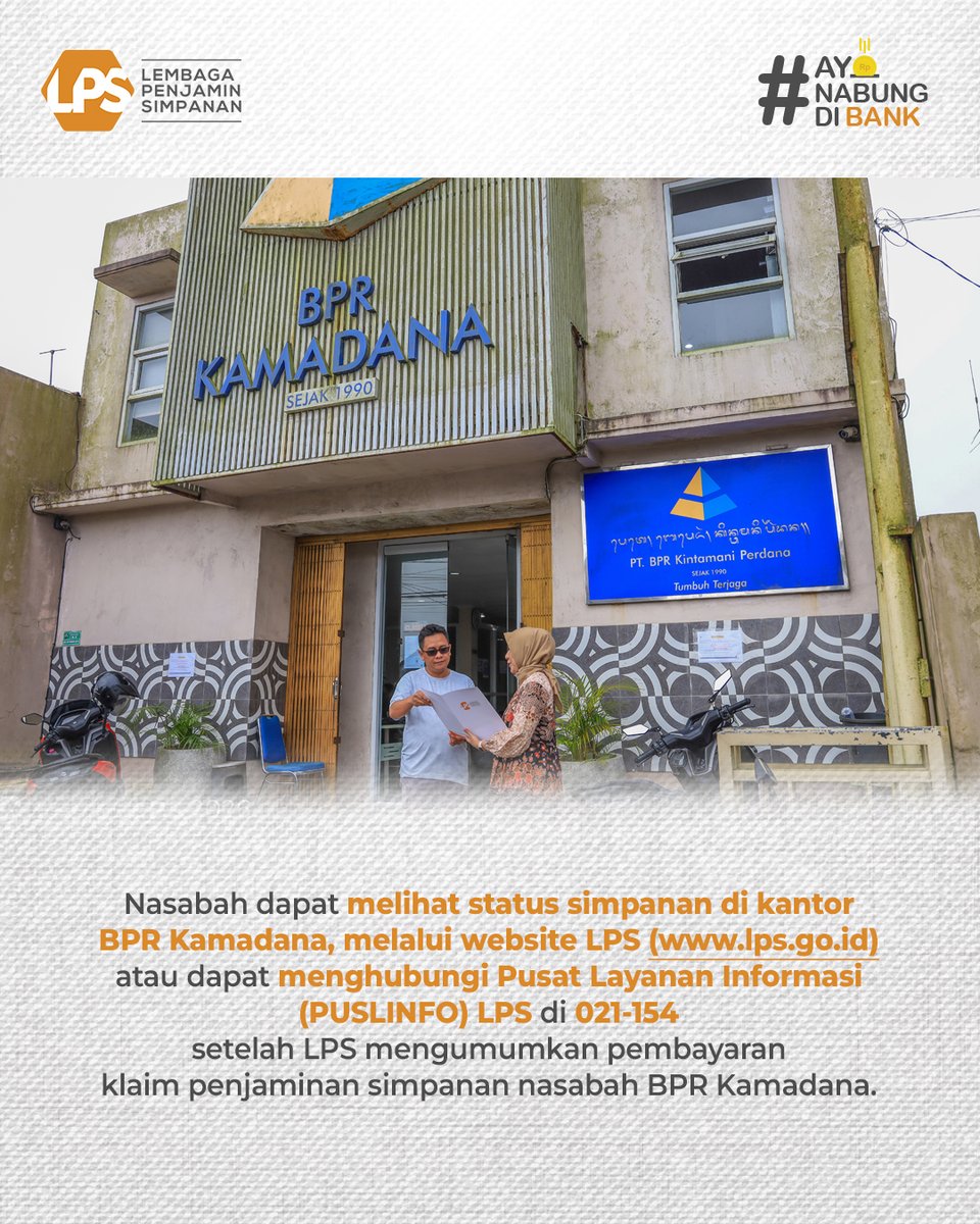 lps_idic's tweet photo. Sahabat LPS, LPS saat ini sedang menyiapkan proses pembayaran klaim penjaminan simpanan BPR Kamadana, Kintamani, Provinsi Bali setelah izin BPR tersebut dicabut oleh Otoritas Jasa Keuangan (OJK) terhitung sejak 18 Februari 2026.

LPS akan melakukan rekonsiliasi dan verifikasi data simpanan serta informasi lainnya untuk menetapkan simpanan yang akan dibayar. Proses rekonsiliasi dan verifikasi ini akan diselesaikan dalam waktu paling lama 90 hari kerja sejak tanggal pencabutan izin usaha bank. Pembayaran klaim penjaminan simpanan nasabah akan diumumkan secara bertahap.

LPS mengimbau agar nasabah Perumda BPR Kamadana tetap tenang dan tidak terpengaruh oleh pihak-pihak yang dapat menghambat proses pembayaran klaim penjaminan dan likuidasi bank. Nasabah juga diingatkan untuk tidak mempercayai pihak yang menjanjikan bantuan pengurusan klaim dengan imbalan atau biaya tertentu.

Untuk informasi lebih lanjut, nasabah dapat menghubungi Pusat Layanan Informasi (Puslinfo) LPS di nomor 154 atau WhatsApp di nomor 08111-154-154.

#LPSIndonesia #AyoNabungdiBank #AmanAdaLPS #SahabatNasabahIndonesia