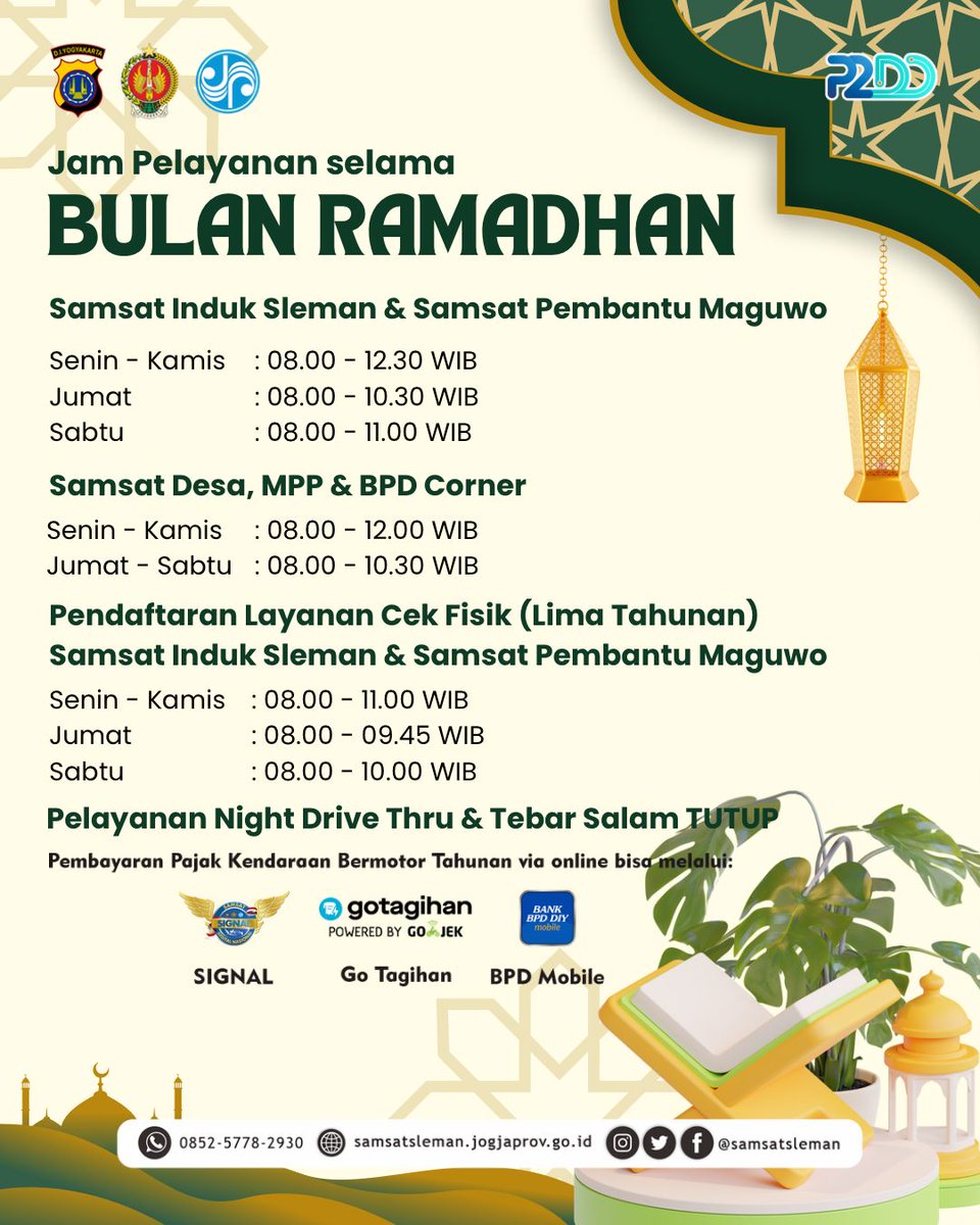 Berikut adalah jadwal pelayanan #SamsatSleman selama Bulan Ramadan 🕌🌙