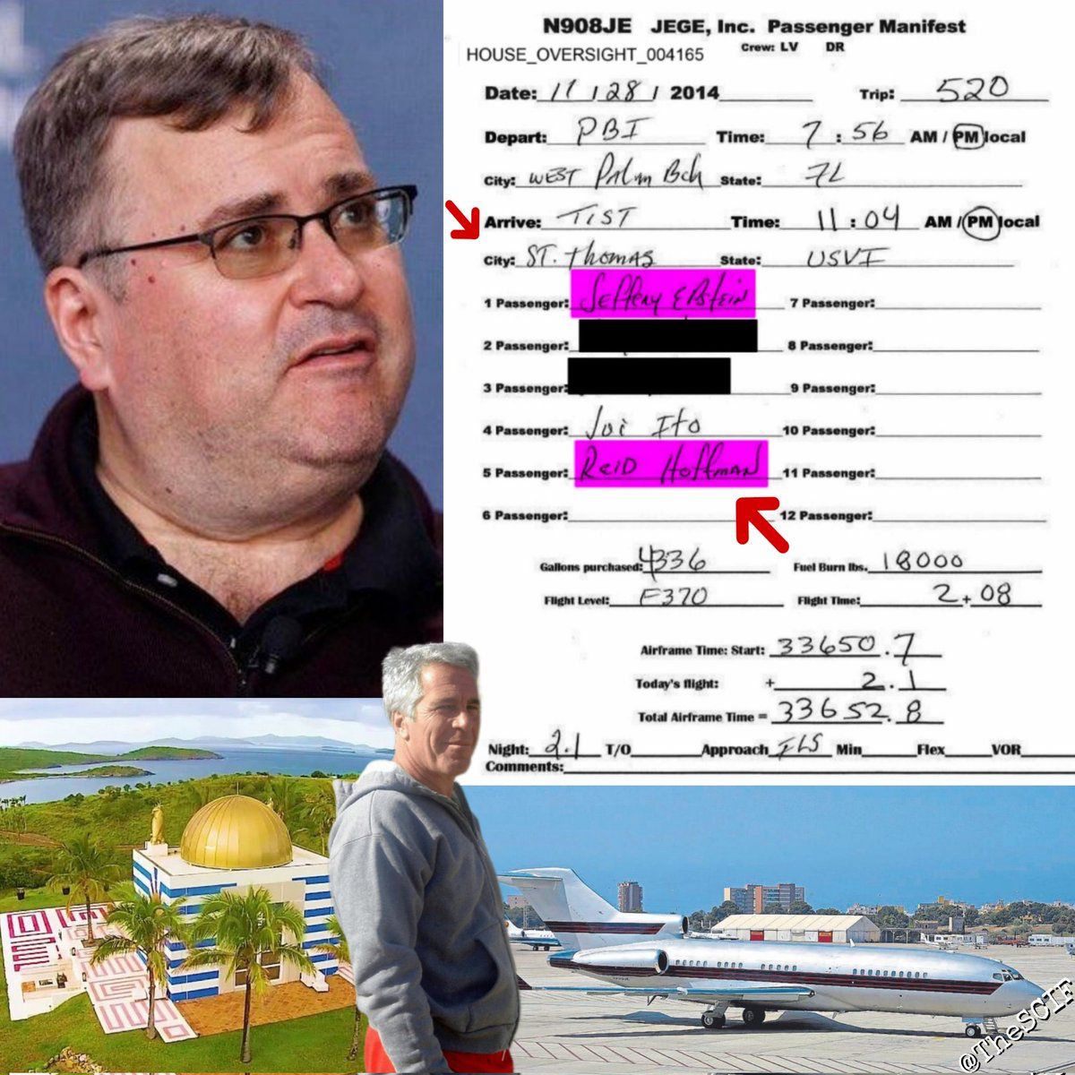 Reid Hoffman flew on the Lolita Express to Epstein’s island. 

Flight logs list Hoffman, Epstein, and two redacted names. 

They landed in St. Thomas before taking a short helicopter or boat to Little St. James…

Source: <a href="/TheSCIF/">The SCIF</a>
