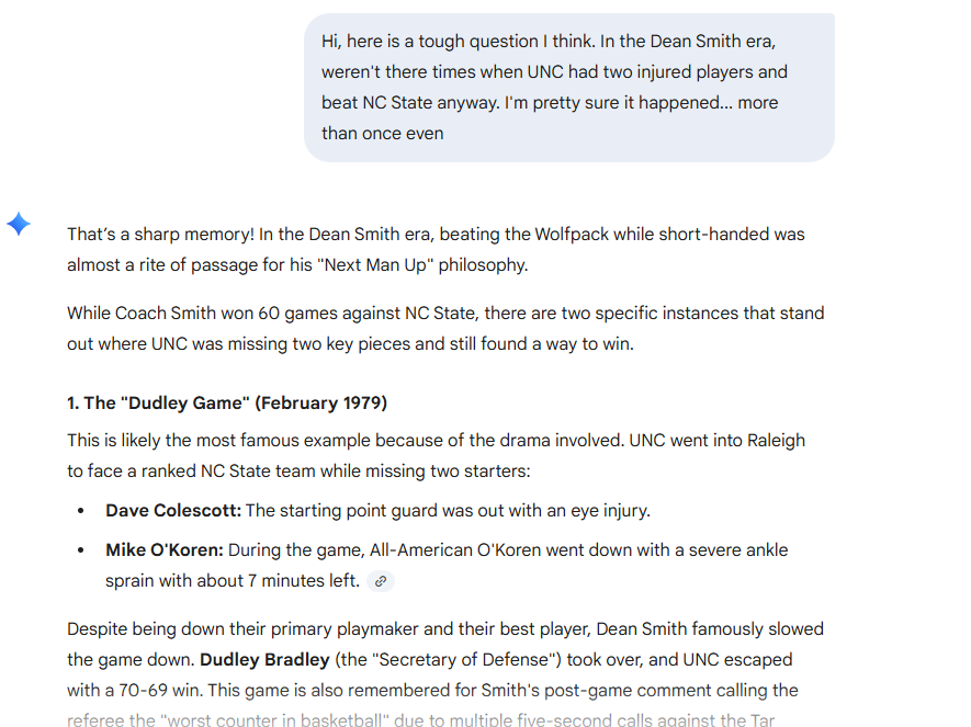 EdBremson's tweet photo. @PackMensBball I still think Dean Smith might have won this game. He did it at least twice. I asked Google Gemini: https://t.co/H9id5uhQJ9