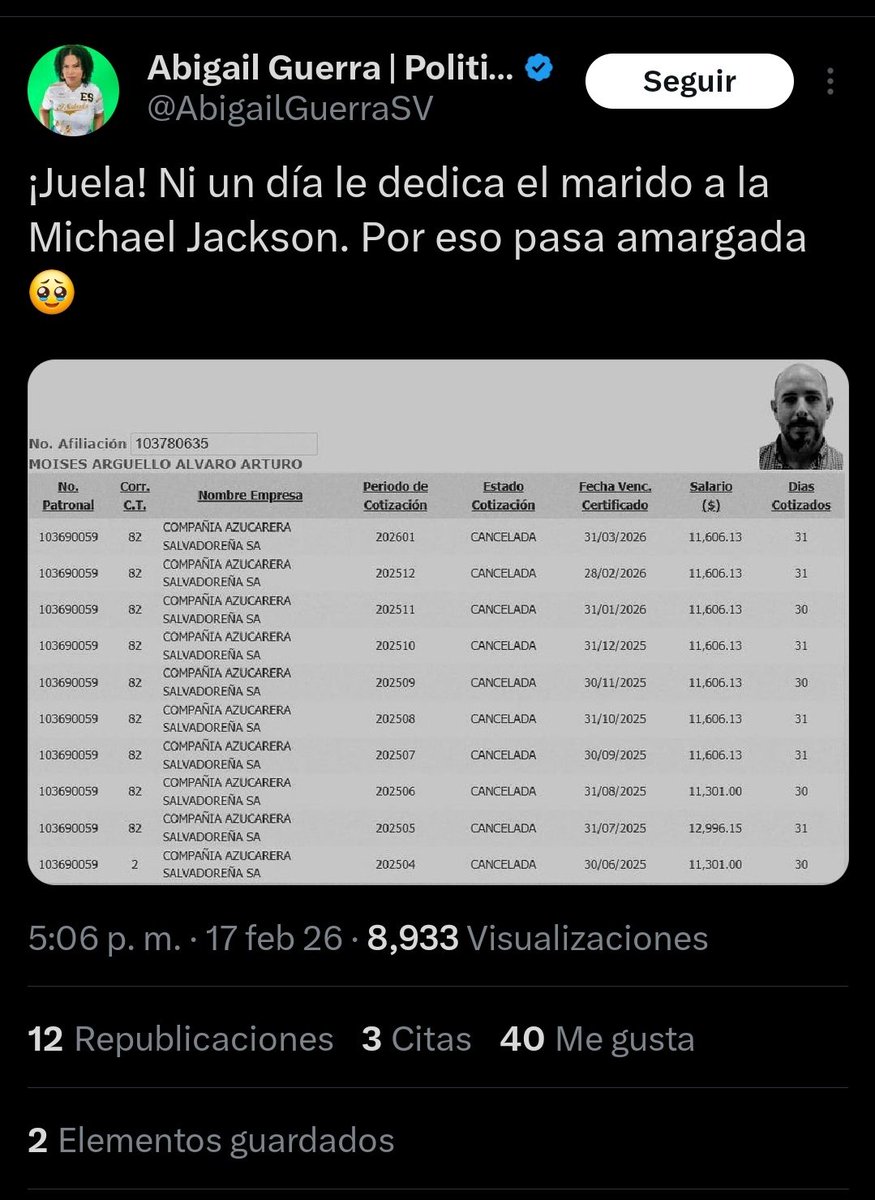 ¿Quién dentro del <a href="/isss_gob_sv/">ISSS</a> ha proporcionado esta información a esta señora @AbigailGuerraSv ?
<a href="/MonicaAyalaGue1/">Mónica Ayala Guerrero 🇸🇻</a>
<a href="/Villabull/">Marcela Villatoro</a>