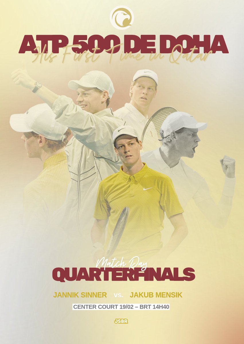#QatarOpen | MATCH DAY! 🇶🇦🎾

Jannik Sinner em quadra de novo! Hoje, dia 19, ele disputa uma vaga na semifinal do Qatar Open contra o tcheco Jakub Menšík!

📍 Center Court
🆚️ Jakub Menšík (16)
⏰ 20h40 🇶🇦 - 14h40 🇧🇷
📺 ESPN 2 e Disney+