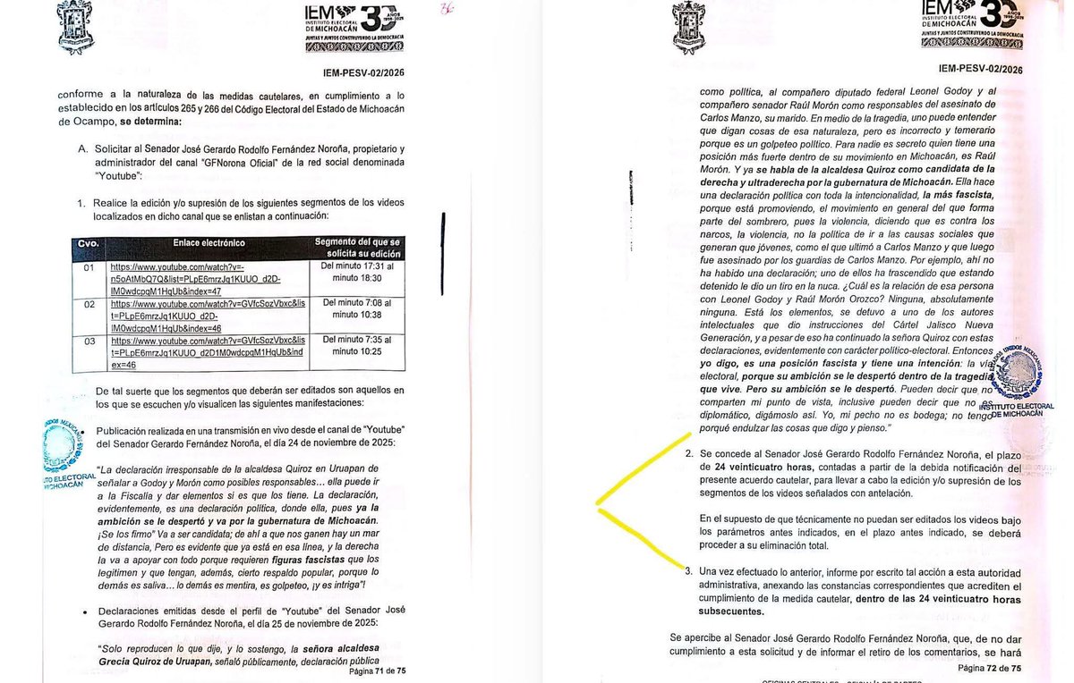 GreciaMich2027's tweet photo. Al público en general para conocimiento:

GRECIA QUIRÓZ obtiene medidas cautelares del IEM por violencia política de género; ordenan a @fernandeznorona retirar contenidos y cesar hostigamiento.

La Consejera Jurídica del H. Ayuntamiento de Uruapan, Stephanie Rodríguez informó que el Instituto Electoral de Michoacán (IEM) dictó medidas cautelares a favor de la Presidenta Municipal, Grecia Quiroz, dentro del Procedimiento Especial Sancionador por Violencia Política contra las Mujeres en Razón de Género (VPMRG).

La autoridad electoral ordenó al senador @fernandeznorona el cumplimiento de dos acciones específicas y de carácter inmediato:

 1. Retiro y/o edición de contenidos: En un plazo estricto de 24 horas deberá suprimir o modificar los materiales audiovisuales que contienen expresiones consideradas misóginas en contra de la alcaldesa de Uruapan.

 2. Prohibición de actos de molestia: Se le ordena abstenerse, por sí o por interpósita persona, de realizar cualquier acto de hostigamiento, intimidación o molestia en perjuicio de la Presidenta Municipal.

La Consejera Jurídica subrayó que la libertad de expresión y la crítica política no constituyen justificación alguna para emitir expresiones que configuren violencia simbólica o que busquen deslegitimar a una mujer en el ejercicio del poder público.

Precisó que descalificar a una mujer para cuestionar su capacidad, autonomía o legitimidad no forma parte del debate democrático, sino que encuadra en conductas sancionables conforme al marco normativo electoral en materia de violencia política de género.

Rodríguez destacó que la resolución fue resultado de un litigio técnico, estratégico y sustentado en rigor probatorio, reiterando que ninguna investidura o fuero coloca a persona alguna por encima del derecho de las mujeres a ejercer cargos públicos libres de violencia.

Asimismo, expresó su respaldo institucional a la Presidenta Municipal Grecia Quiroz y señaló que el Poder Legislativo debe consolidarse como aliado estratégico de los municipios, no como tribuna para ataques personales. Recordó que los ayuntamientos son la primera instancia de atención ciudadana y enfrentan retos complejos en seguridad pública, economía y salud.

Finalmente, reafirmó que desde la Consejería Jurídica se continuará defendiendo, con firmeza y capacidad técnica, el derecho de las mujeres a ejercer el poder sin violencia, destacando que cuando se protege jurídicamente a una mujer en funciones públicas, se fortalece el Estado de Derecho y la democracia misma.