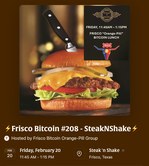 FriscoBitcoin's tweet photo. Join us this Friday at @SteaknShake (Frisco).   
We'll discuss #Bitcoin, and ... Bitcoin only.

⚡️Frisco #Bitcoin Lunch #208⚡️
⏲️Friday (2/20) 11:45am - 1:15pm
🍔 @SteaknShake (Preston Rd/Frisco) https://t.co/VeH3zl45UM