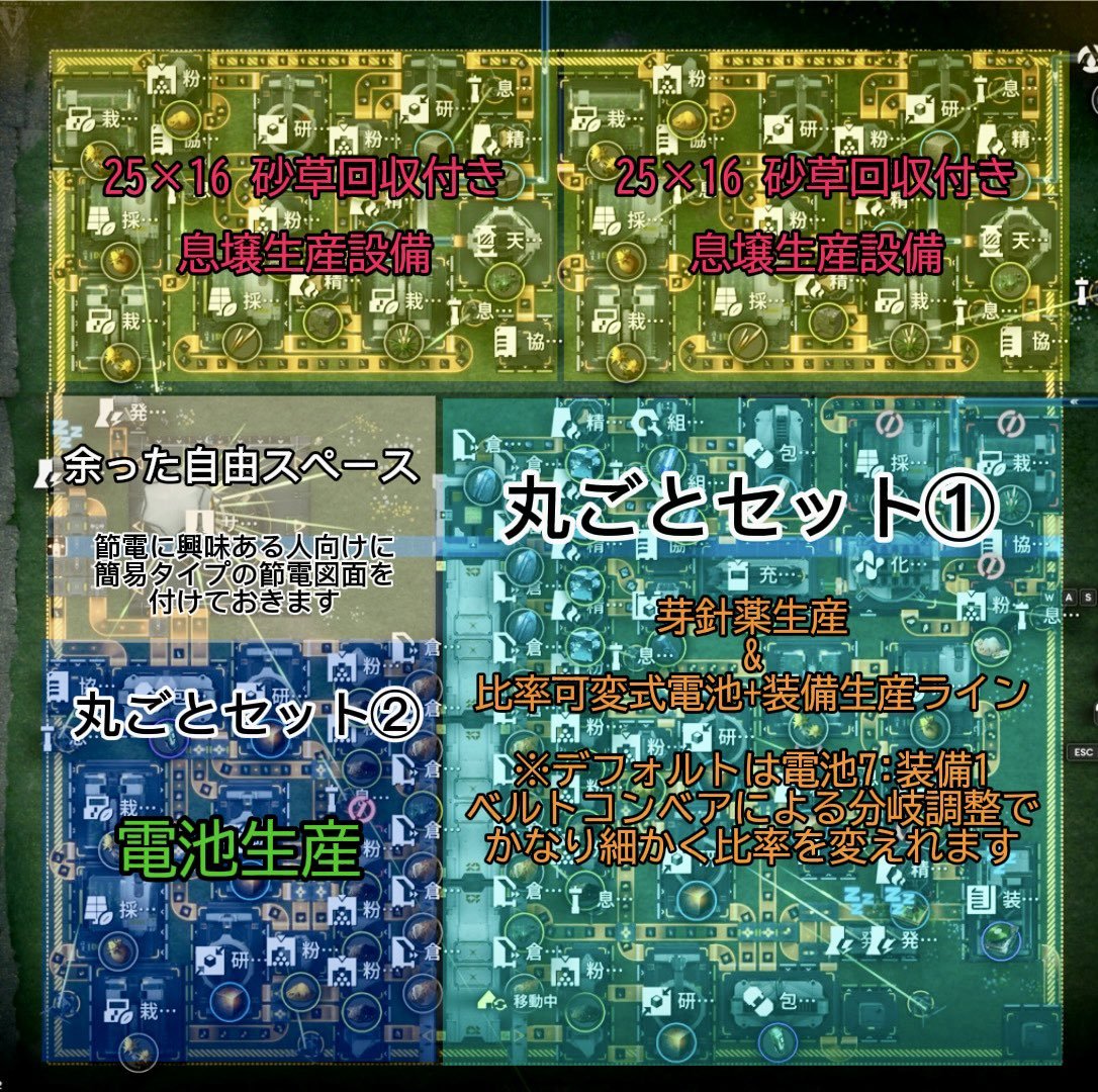 武陵サブ地区50×50の中に現状必要な常設ラインをゆるく詰め込み！
ちょっと模様替えする時も分かりやすい！

図面共有コード
最適化息譲
EFO01A7u1e03IuEe691eO
丸ごとセット①(芽針薬＋可変電池装備生産)
EFO01eAo0U6I8o4IaoAi8
丸ごとセット②
EFO01I3A58EUiA99a5E08
#エンドフィールド #マイ図面
