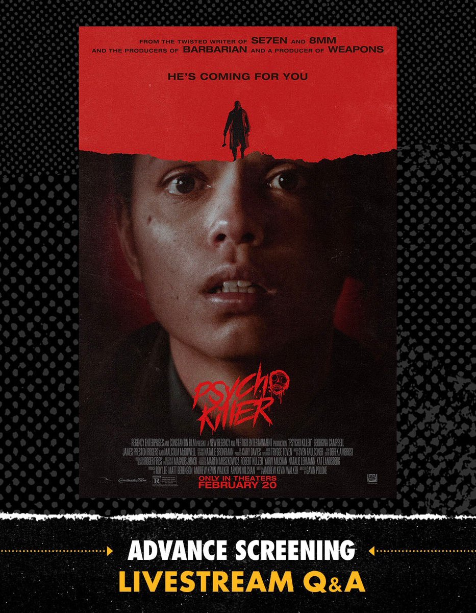 Don't miss tomorrow's Livestream Q&amp;A Screening of PSYCHO KILLER! From the writer of SE7EN and the producers of WEAPONS, catch the film early then stick around for a livestream Q&amp;A with the stars of the movie. Tickets here: bit.ly/3Ztq2ju.