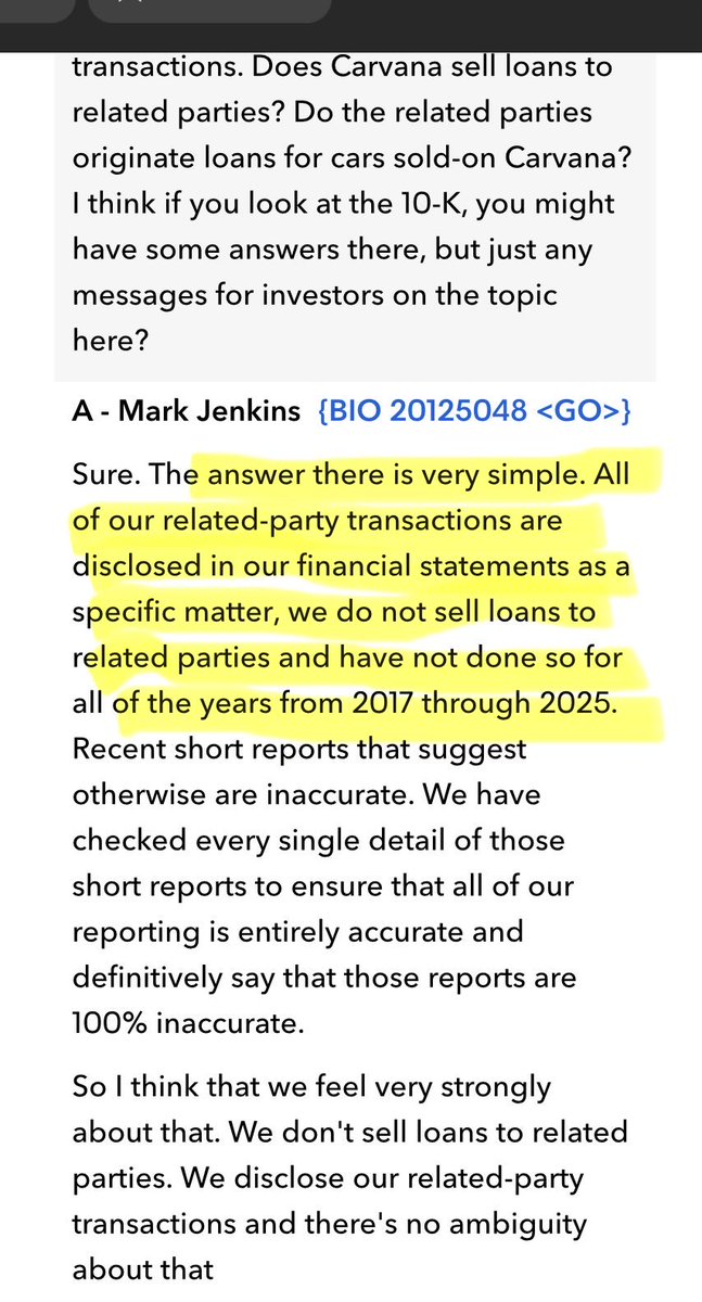 The obvious follow-up question to this is: Do affiliated entities ultimately purchase loans originated by $CVNA, and if so, from whom? Are there third parties in-between Carvana loan originations and Bridgecrest/DriveTime purchases? Or other similar structures?