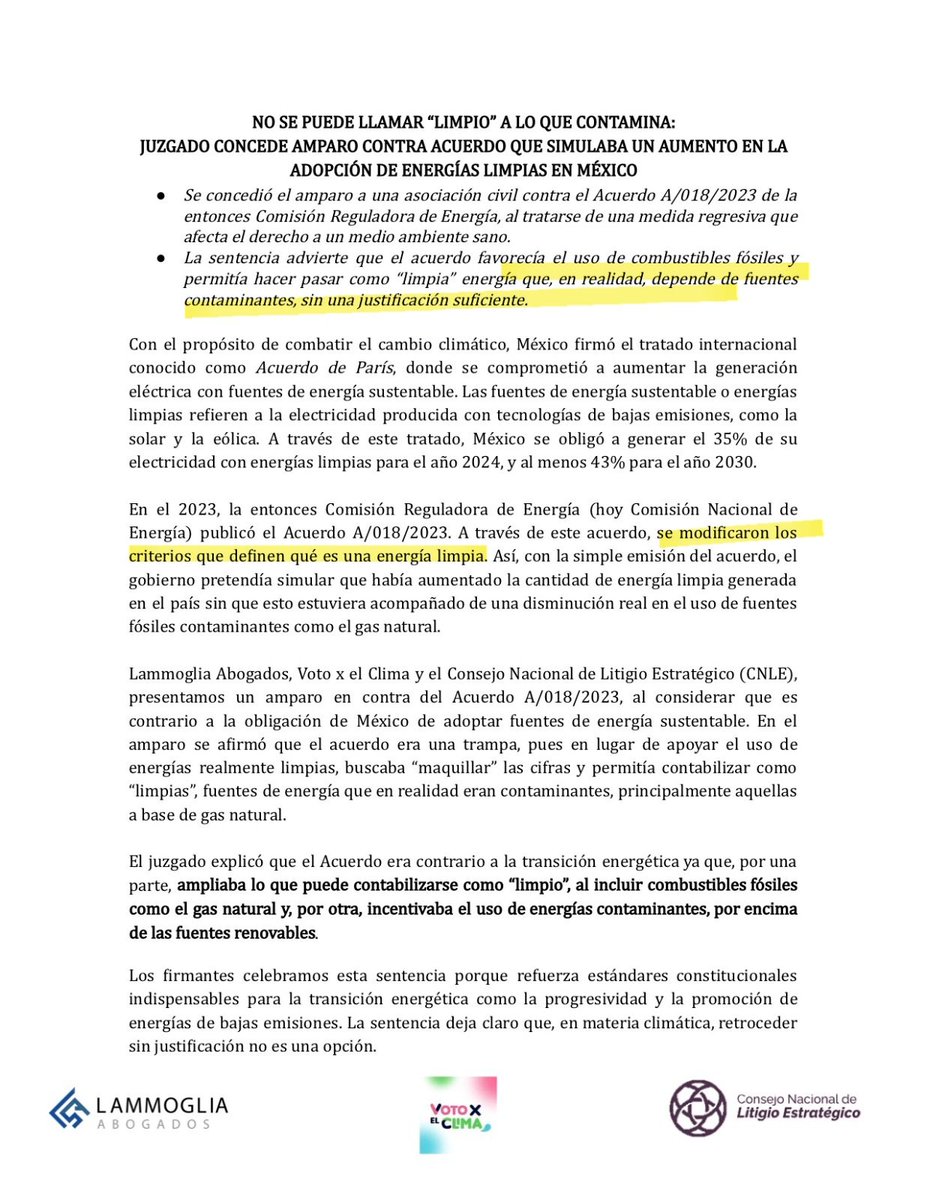 Desde Voto x el Clima celebramos esta gran victoria jurídica junto al <a href="/Consejo_Litigio/">Consejo Nacional de Litigio Estratégico</a> : el amparo contra el Acuerdo A/018/2023 frena un retroceso climático y defiende el derecho a un medio ambiente sano. ⚖️🌎
La transición energética no se maquilla. Se cumple.