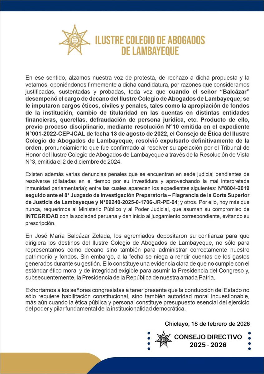mmalvarezg's tweet photo. Porque no debe ser elegido Balcazar
Ilustre Colegio de Abogados de Lambayeque https://t.co/7VOketKIwq