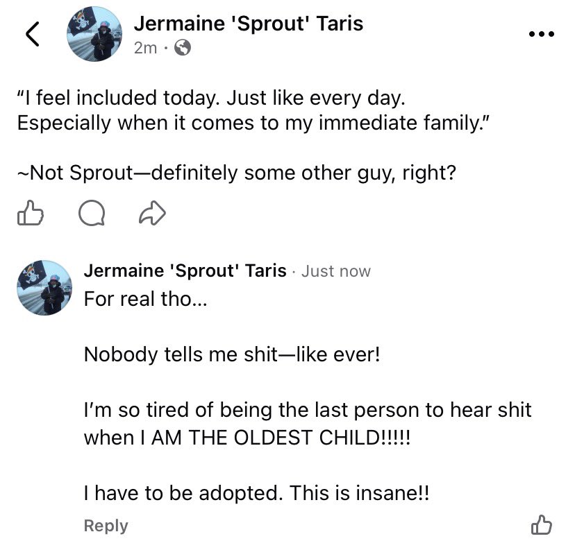 iamsprout's tweet photo. My sister has been engaged for quite some time apparently and my brother called me just yesterday to see if I was free in the shortest of notice to celebrate the wedding. 

Nigga—where the fuck was I??? https://t.co/ig9qrnZBYE