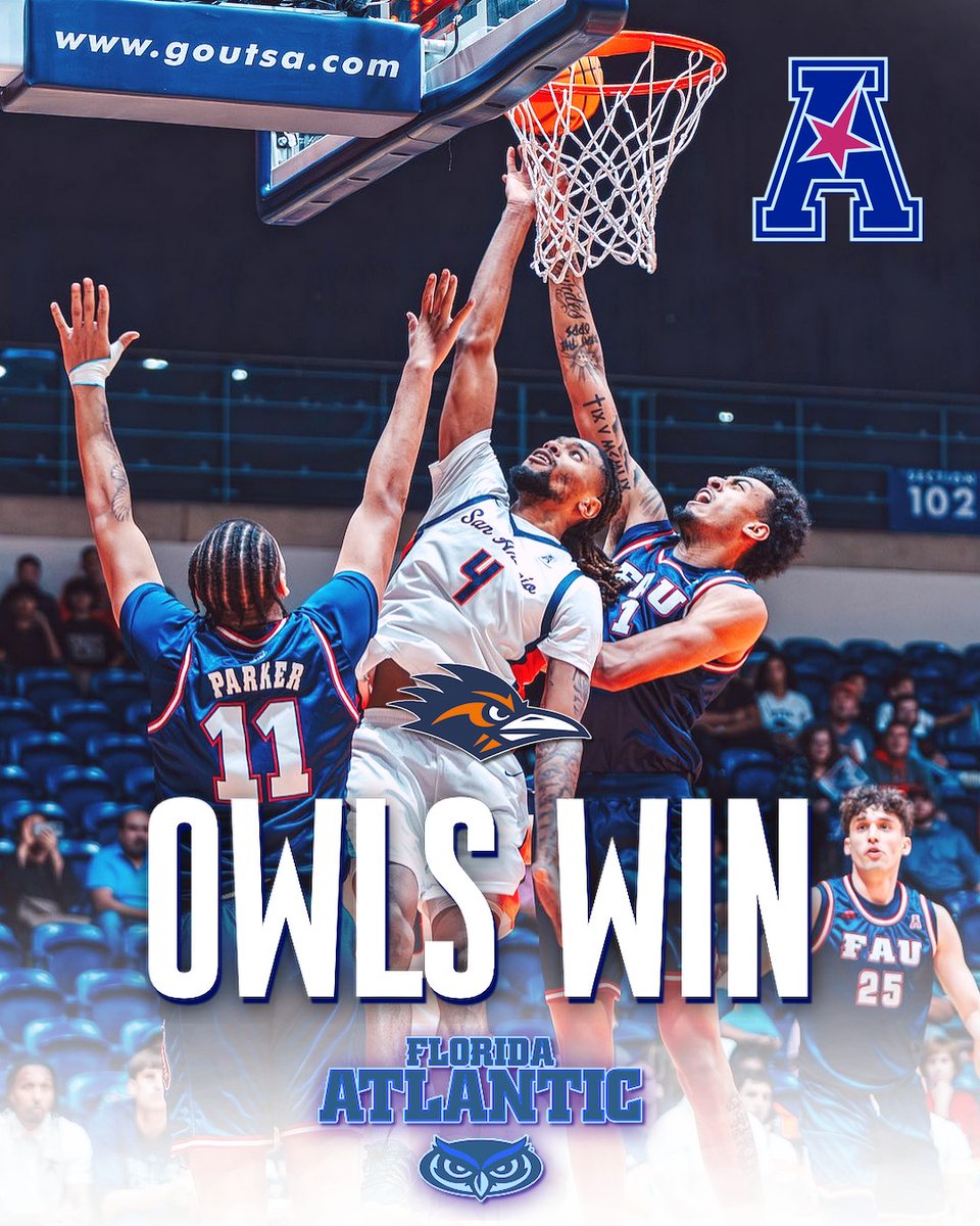 FAU_Owls_Nest's tweet image. 📢 OWLS WIN! #FAU snaps a six game skid and topples #UTSA 60-52 on The Road 🔥 With the VICTORY @FAUMBB improves to 15-12 and 7-7 #AAC. The Team will now turn attention to Sunday's match-up in the Super Pit vs #UNT 🦉🏀