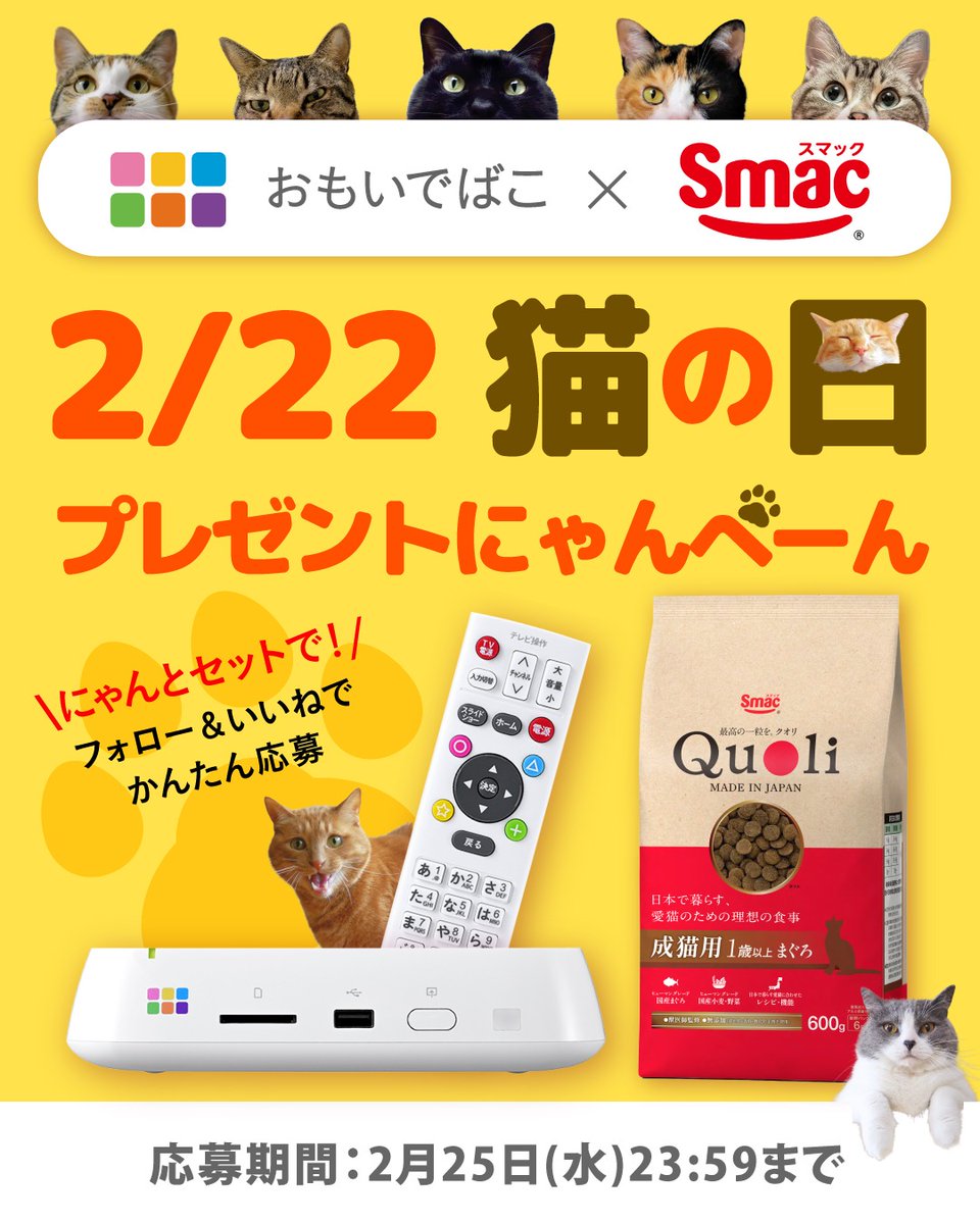 omobako's tweet photo. 2/22 猫の日🐈プレゼントにゃんぺーん

大切な家族である愛猫へ
この特別な日に「おもいでの保存と健やかな毎日」を過ごして欲しい、との思いから、スマック様とプレゼントキャンペーンを実施します🎁

・デジタルフォト・アルバム「おもいでばこ(PD-2000)」
・キャットフード「Quoli（クオリ）」1ケース（12個、約3～4ヶ月分相当）
上記をセットにし、抽選で1名様にプレゼント
（各アカウント1名様ずつ、計2名）

キャンペーンはInstagramにて開催中です！
ご応募方法など、詳細は以下投稿からご確認ください📷
https://t.co/QACQ2dwjBv

皆さまのご応募をお待ちしております🐱

 #おもいでばこ #アルバム作り #写真整理 #写真 #家族写真 #プレゼントキャンペーン #ネコの日 #猫の日 #ニャンニャンニャン