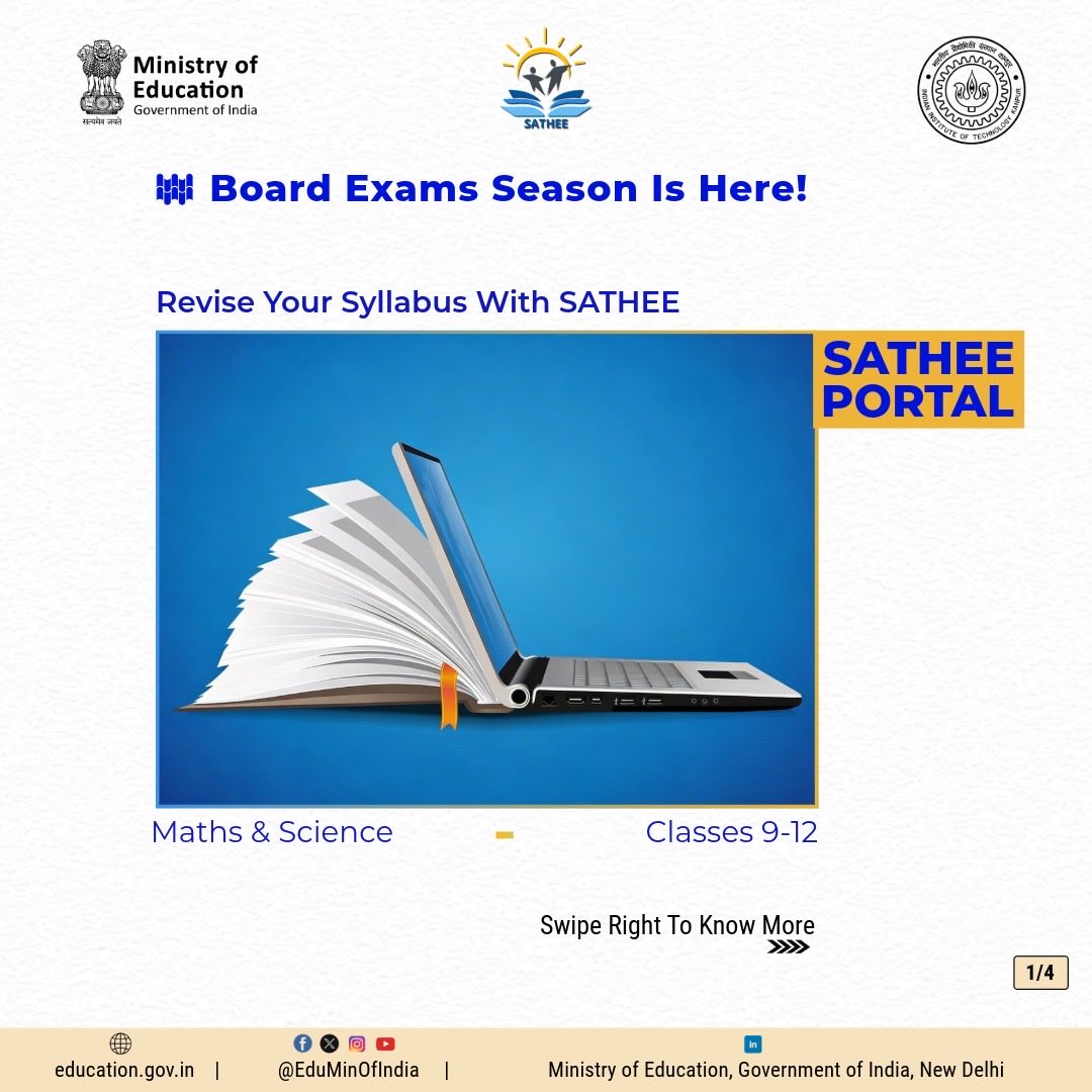 EduMinOfIndia's tweet photo. Prepare for Your Board Exam  with the SATHEE!

Get ready for your 10th & 12th Board Exams with expert guidance in Maths and Science.

Learn from IIT & AIIMS mentors through video lectures and live doubt-clearing sessions.

SATHEE is making quality learning accessible to everyone.

Visit the SATHEE Portal now: https://t.co/HP72a6Em26

#ExamPreparation #Pariksha #CBSE #EducationForAll #DigitalIndia  #OnlineEducation #EdTech