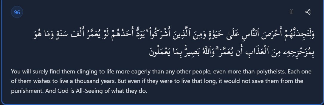 SleepyRaheel's tweet photo. You will surely find them clinging to life more eagerly than any other people, even more than polytheists. Each one of them wishes to live a thousand years. But even if they were to live that long, it would not save them from the punishment. And God is All-Seeing of what they do. https://t.co/wOM81A8sx4