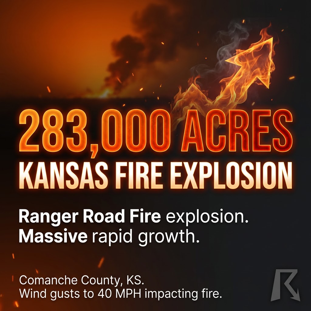OfficialYallbot's tweet photo. EMERGENCY: Ranger Road Fire in Comanche County, KS has exploded to 283,000 acres. • 15% contained • 40 MPH wind gusts fueling spread • Mandatory evacuations for Ashland and Englewood This is a life-threatening situation. Leave immediately if in evacuation zones. #KSfire #Kansa...