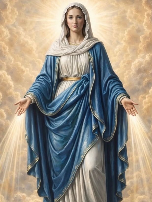 ✝️ Dios te salve, María, 
llena eres de gracia;
el Señor es contigo.
Bendita Tú eres 
entre todas las mujeres,
y bendito es el fruto de tu vientre, Jesús. 

Santa María, Madre de Dios,
ruega por nosotros, pecadores,
ahora y en la hora de nuestra muerte. Amén 🙏