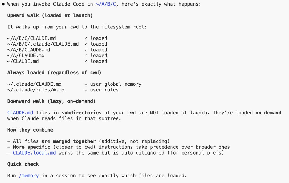 Most devs don't realize Claude Code walks up your directory tree looking for CLAUDE.md files. Put global rules in ~/.claude/, override per-project. Changed how I set up team workflows.