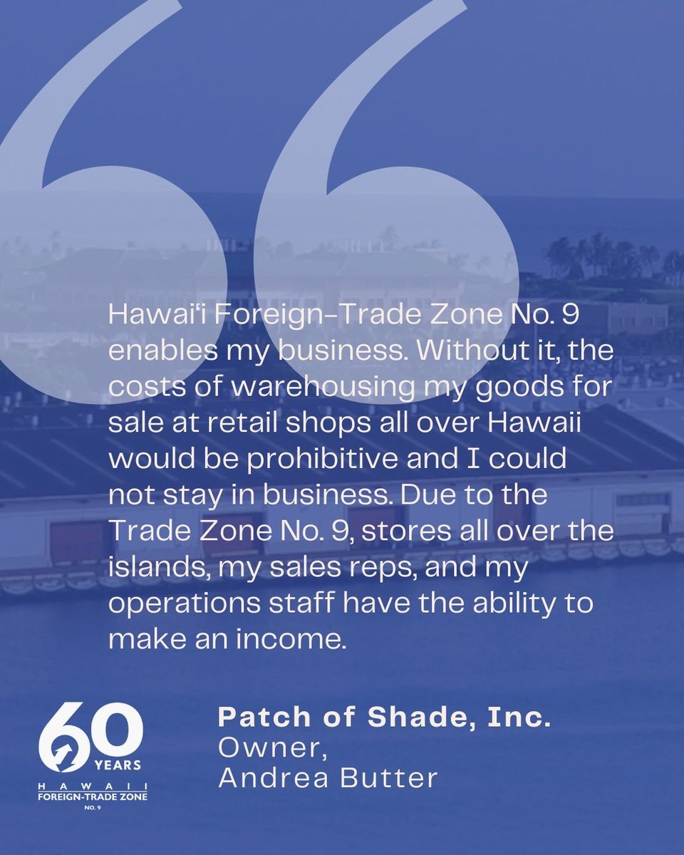 Mahalo to Patch of Shade, Inc., for sharing how Hawai‘i Foreign-Trade Zone No. 9 supports her business and team. We’re grateful to work alongside local companies serving communities across the islands.

#FTZ9 #DBEDT #HawaiiBusiness #CustomerAppreciation #SupportLocal