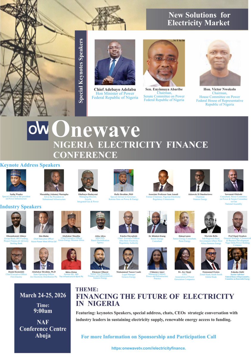 UtibeJoseph10's tweet photo. On behalf of the planning committee and Onewave ,I am pleased to invite the general public to the 2026 Nigeria electricity finance conference taking place in Abuja from 24-25 March,2026
Plan-attend-Connect https://t.co/cUC0vzzQfb