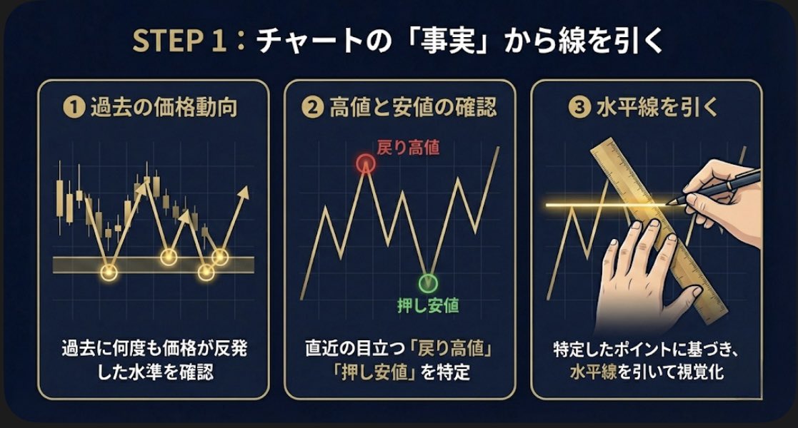 shinpapa__FX's tweet photo. ◼️重要水平線の出し方

❶過去の価格動向を分析
過去のチャートを見て価格が何度も反発した水準を確認

これらの水準がサポートラインやレジスタンスラインとなります

❷高値と安値の確認
チャートで直近の高値と安値の確認
・戻り高値
・押し安値

❸水平線を引く
過去の高値や安値に基づいて水平線を引く

これにより価格が反発しやすい水準を視覚的に確認します

❹ローソク足のパターンを観察
ダブルボトム・ダブルトップ・ヘッドアンドショルダーなどのローソク足のパターンを確認しこれらのパターンが形成される水準を特定します

❺トレンドラインとの組み合わせ
トレンドラインを引き水平線と交差するポイントを確認します

これによりトレンドの方向と一致する重要な水準を特定できます

❻フィボナッチリトレースメントの活用
フィボナッチリトレースメントを使用し主要なフィボナッチレベル（23.6%、38.2%、50%、61.8%）を確認

これらのレベルはサポートやレジスタンスラインとして機能することがあります

❼取引量の確認
取引量が多い価格帯は強力なサポートやレジスタンスラインになることが多いです

取引量を確認し価格が大きく反発した水準を特定します

【実践例】
例えば日足チャートを見て過去数週間の高値と安値を結ぶ水平線を引きます

価格がこの水平線に近づくたびに反発している場合それが意識ライン（サポートラインまたはレジスタンスライン）であると判断できます

これら（❶〜❼）の手法を組み合わせて精度の高い意識ラインを導き出すことが可能です。
