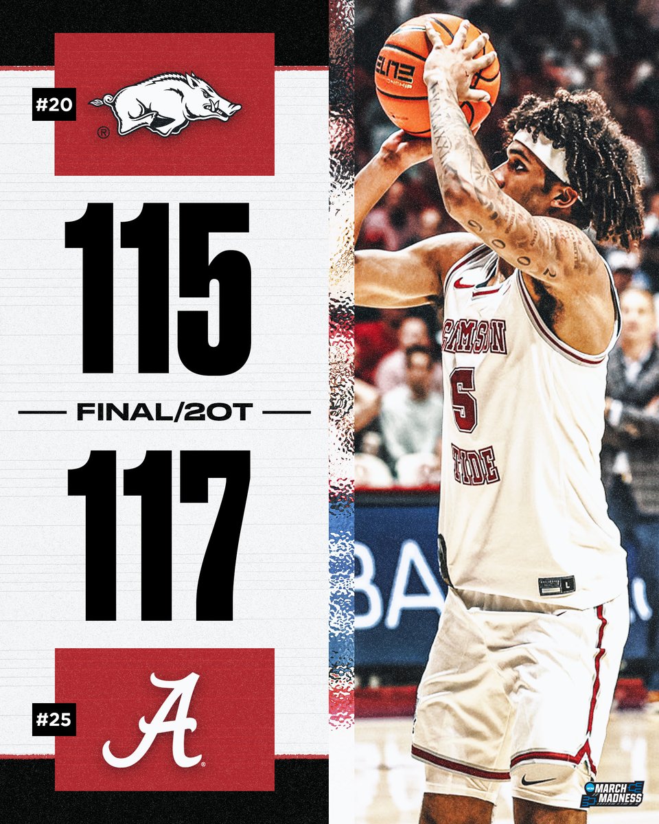 GAME OF THE YEAR ⁉️

No. 25 Alabama takes a 2OT THRILLER over No. 20 Arkansas 🐘