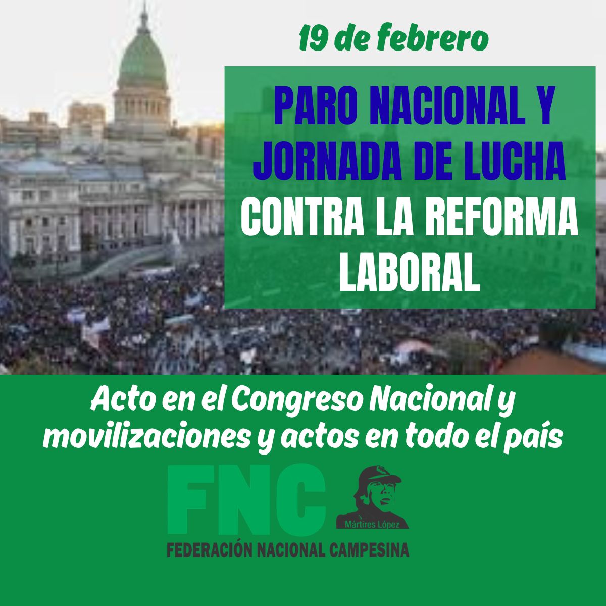 FNC_RA's tweet photo. NO A LA REFORMA LABORAL

Desde la Federación Nacional Campesina nos sumamos y acompañamos el Paro Nacional y Jornada de Lucha Contra la Reforma Laboral. https://t.co/xCna1xYJpP