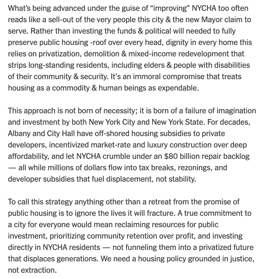 What’s being advanced under the guise of “improving” NYCHA too often  reads like a sell-out of the very people this city &amp; the new Mayor claim to serve.

nytimes.com/2026/02/18/nyr…