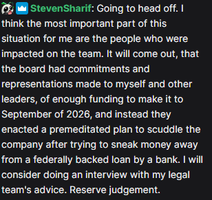 On today's livestream, former Intrepid Studios and Ashes of Creation CEO Steven Sharif made statements in my Twitch chat: