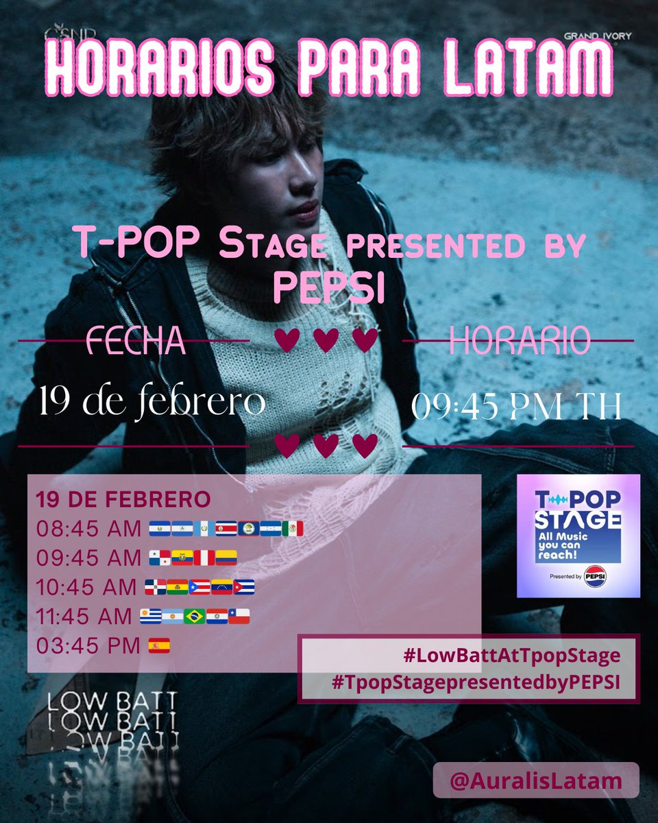 AuralisLatam's tweet photo. 🚨✨ SMART EN T-POP STAGE PRESENTED BY PEPSI ✨🚨
Smart llevará #LowBatt al escenario de T-POP Stage este:
📅 19 de febrero
🕘 09:45 PM (THAI TIME)
Y estos son los horarios para LATAM 👇
🇳🇮 🇭🇳 🇸🇻 🇬🇹 🇨🇷 🇲🇽
🕗 08:45 AM
🇵🇦 🇪🇨 🇵🇪 🇨🇴
🕘 09:45 AM
🇩🇴 🇵🇷 🇻🇪 🇨🇺 🇧🇴
🕙 10:45 AM
🇺🇾 🇦🇷 🇧🇷 🇨🇱
🕚 11:45 AM
🇪🇸
🕒 03:45 PM
Una nueva oportunidad para mostrar nuestro apoyo y hacer sentir la presencia de Auralis en cada transmisión 💙✨
📌 No olvides:
✔️ Conectarte a tiempo
✔️ Comentar durante el live
✔️ Compartir clips
✔️ Usar los hashtags oficiales
Hagamos que
#.LowBattAtTpopStage
sea imposible de ignorar 🔥
#TpopStagepresentedbyPEPSI #SmartCSNP #Auralis