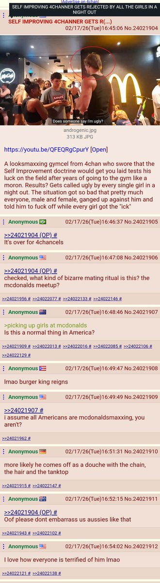 oct7holocostlol's tweet image. 4chan
/Advice/ Board

4chan User LOOKSMAXXING
"Gets Re-Jected by Every Girl he sees at McDonalds"

#Dating 
#Stuckup 
#Women