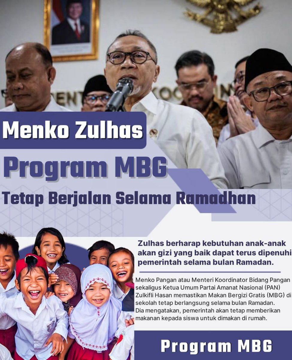 Ada info penting nih buat yang nanyain nasib program MBG pas puasa. Pak Menko Zulhas udah mastiin kalau program ini bakal tetep jalan terus selama bulan Ramadan. Jadi, gizi anak² sekolah bakal tetep kejaga walaupun lagi bulan puasa

Taruna STPN Sumatra