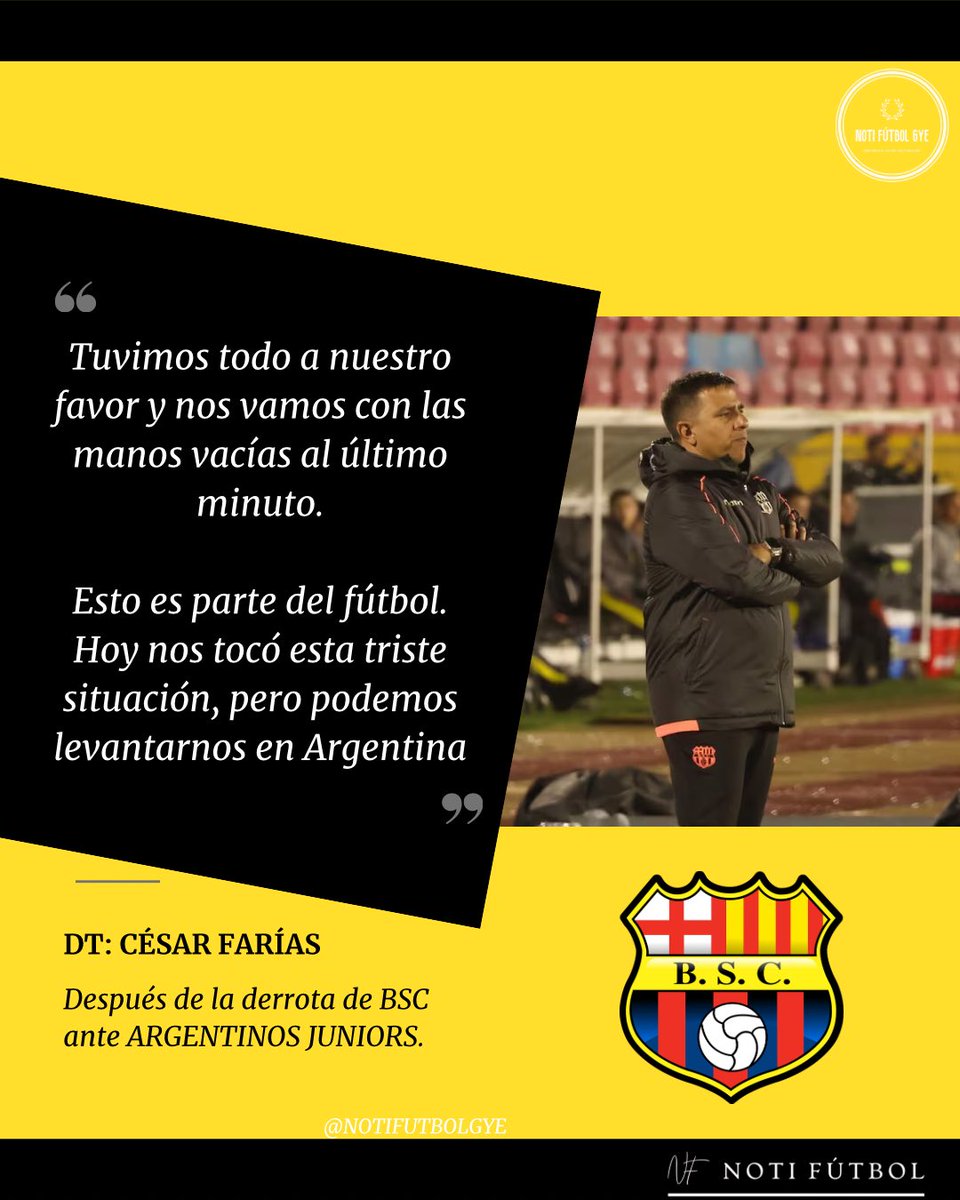 🎙️🟡 César Farías y sus declaraciones después de la derrota de <a href="/BarcelonaSC/">BARCELONA S.C.</a> ante Argentinos Juniors.

Todo se define en Buenos Aires 🇦🇷.

#Libertadores